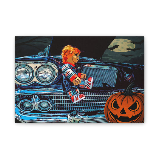 Vintage Halloween Canvas Art, Retro Decor, Spooky Wall Art, Car and Pumpkin Painting, Halloween Home Decoration